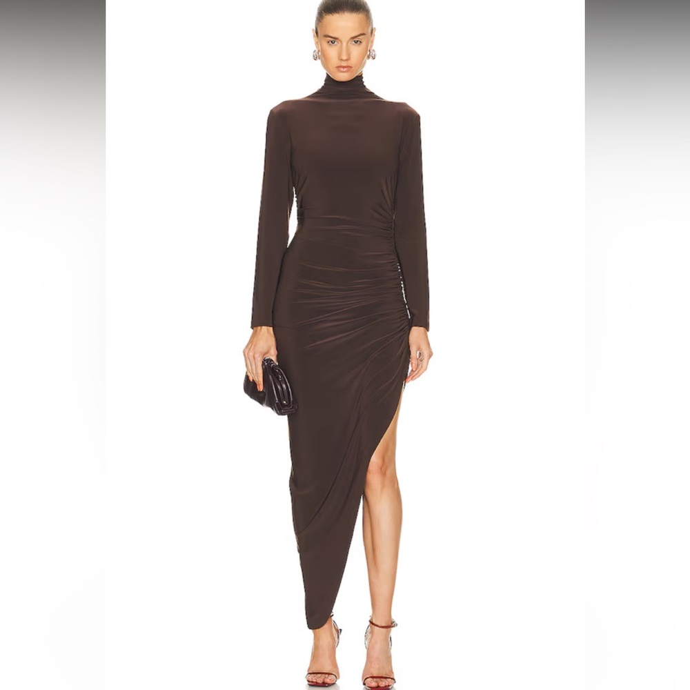 Norma Kamali Chocolate Asymmetric Turtleneck Dress